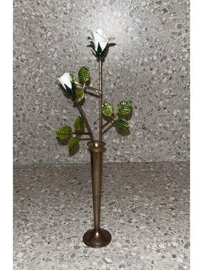 Ted Arnold Ltd Vtg Metal Roses White Flowers In Brass Designed Bud Vase 9.5”